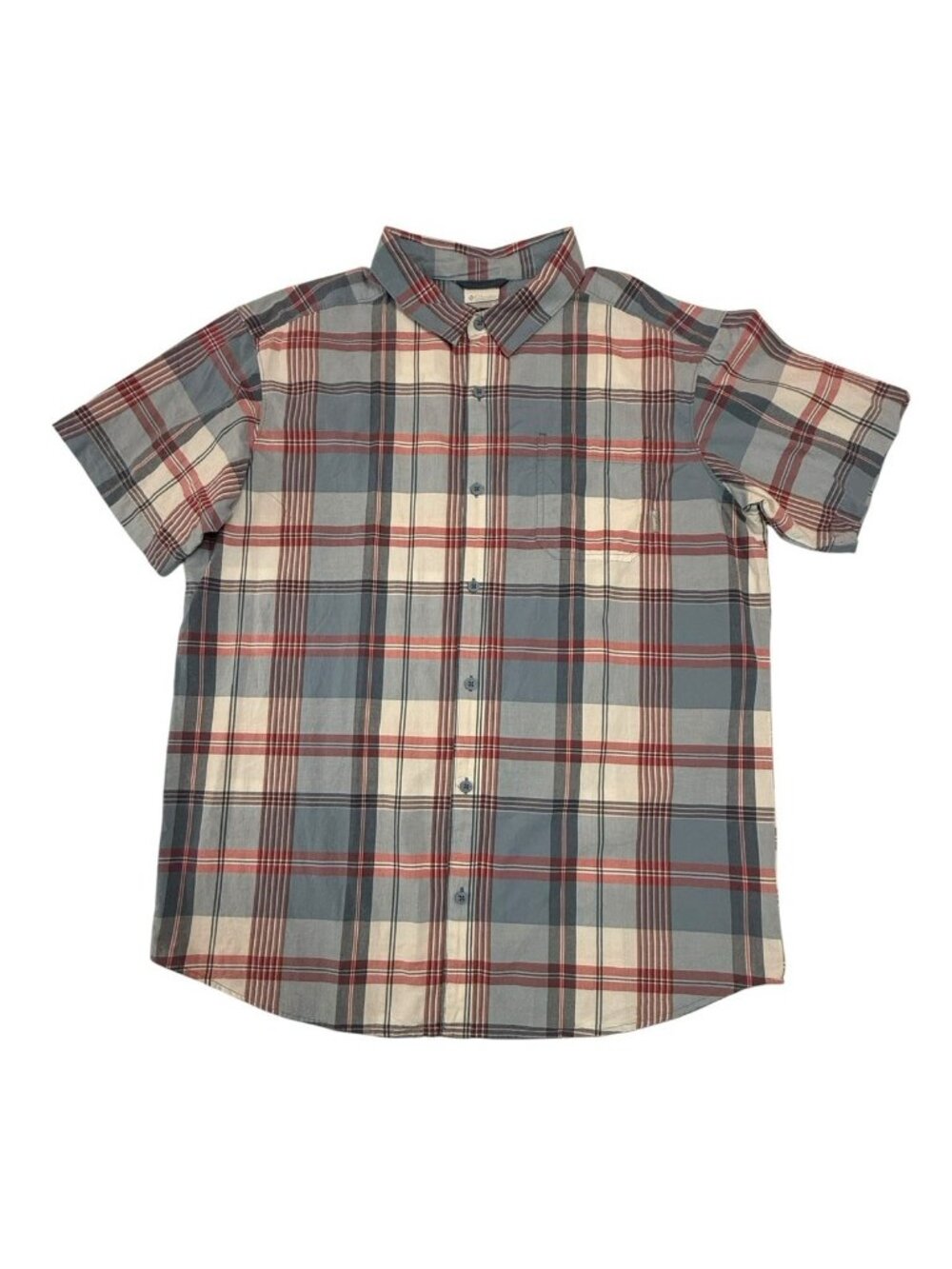 Columbia Sportswear Mens XL Plaid Button Front Shirt Blue Red Short Sleeve